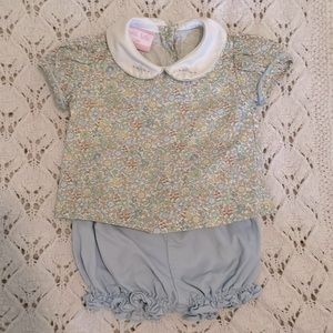 Petit Bebe two piece set with liberty pattern top and blue cord bloomers